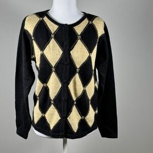 Dress Barn Harlequin Cardigan Black Gold Metallic Argyle Size S Dark Academia